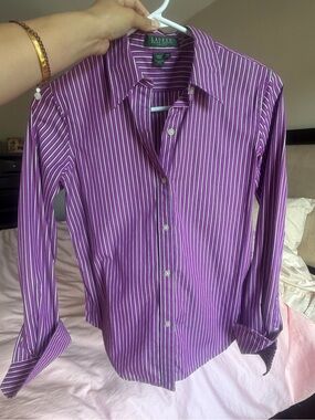 Vintage Lauren Ralph Lauren Women’s Petite Purple Striped Button-Up Blouse Shirt